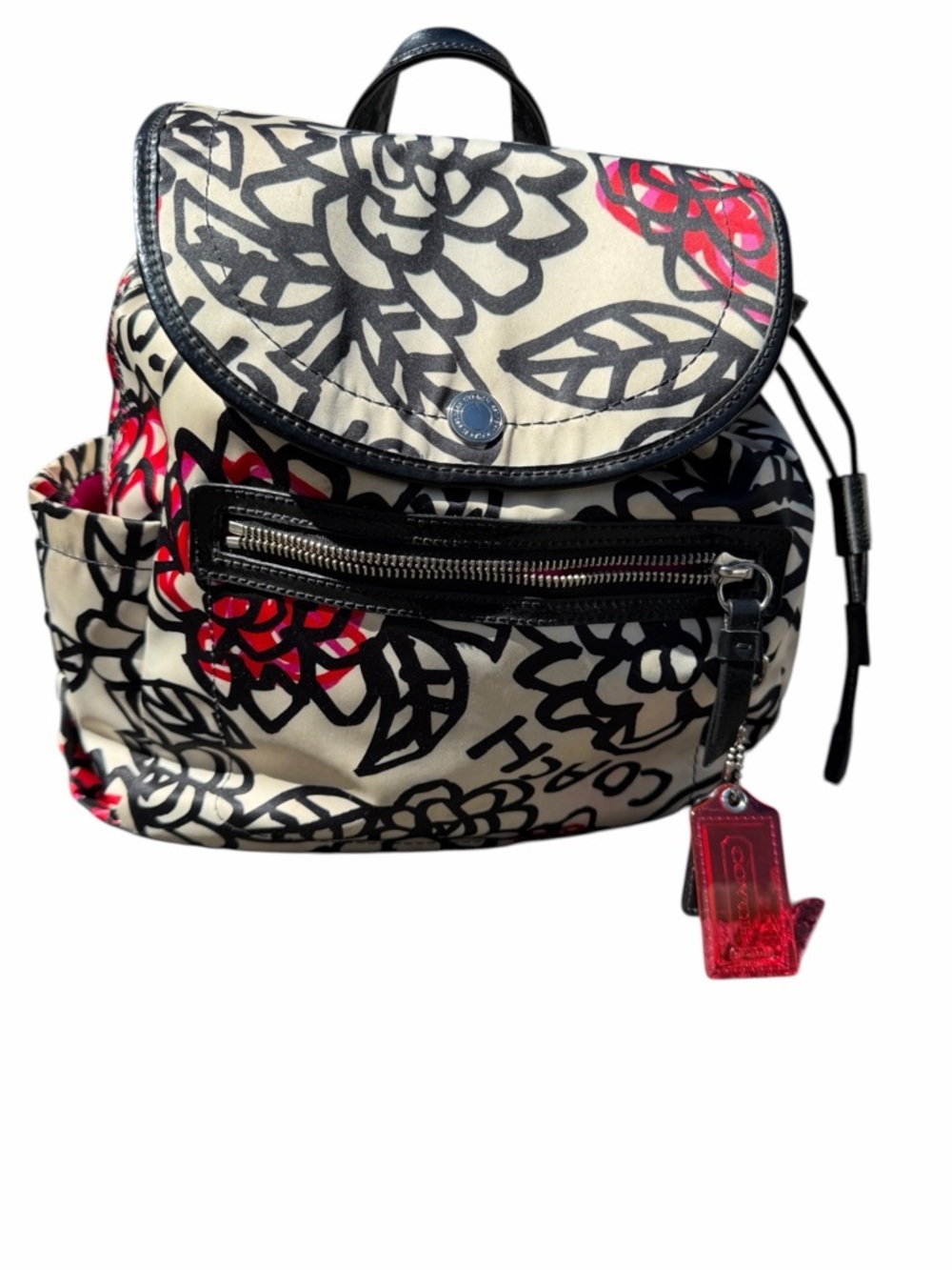 Coach Poppy Floral Canvas Drawstring Backpack - Black, White & pinkish F16582 - Picture 2 of 9
